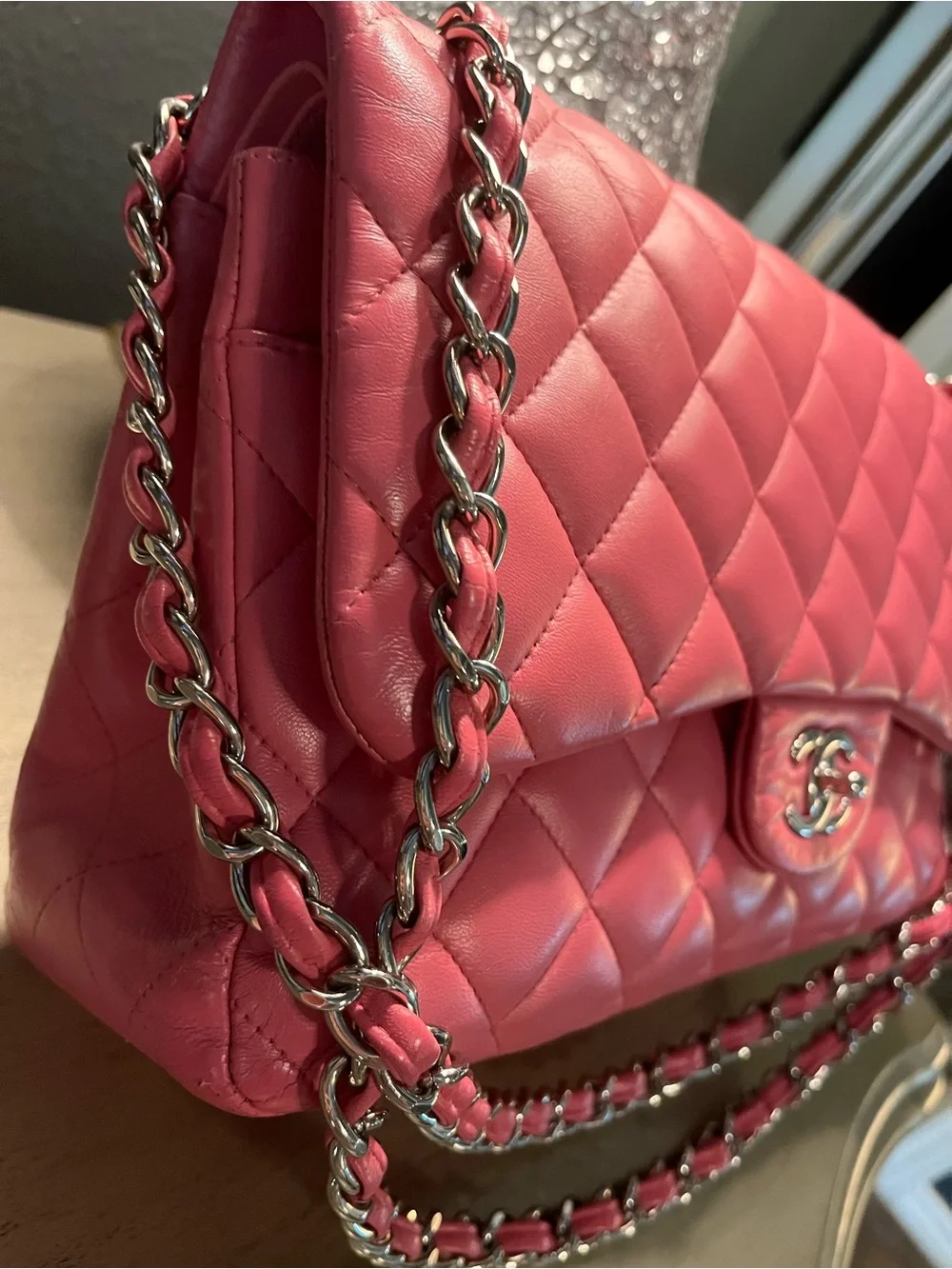 CHANEL Jumbo Quilted Double Flap Shoulder Bag in Hot Pink with Silver Hardware